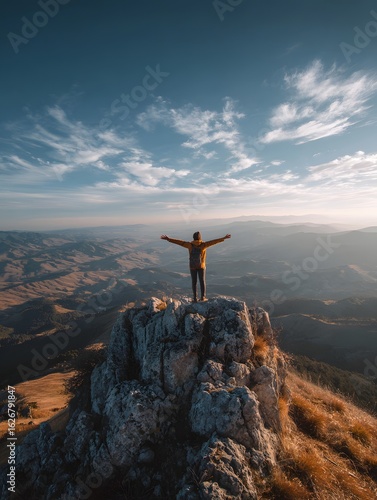 Summit Serenity: A solitary figure stands atop a rugged peak, arms outstretched, embracing the awe-inspiring panorama of nature's boundless beauty under a vast sky.