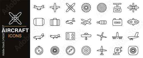 Black and white aircraft icons representing engines, wings, and more