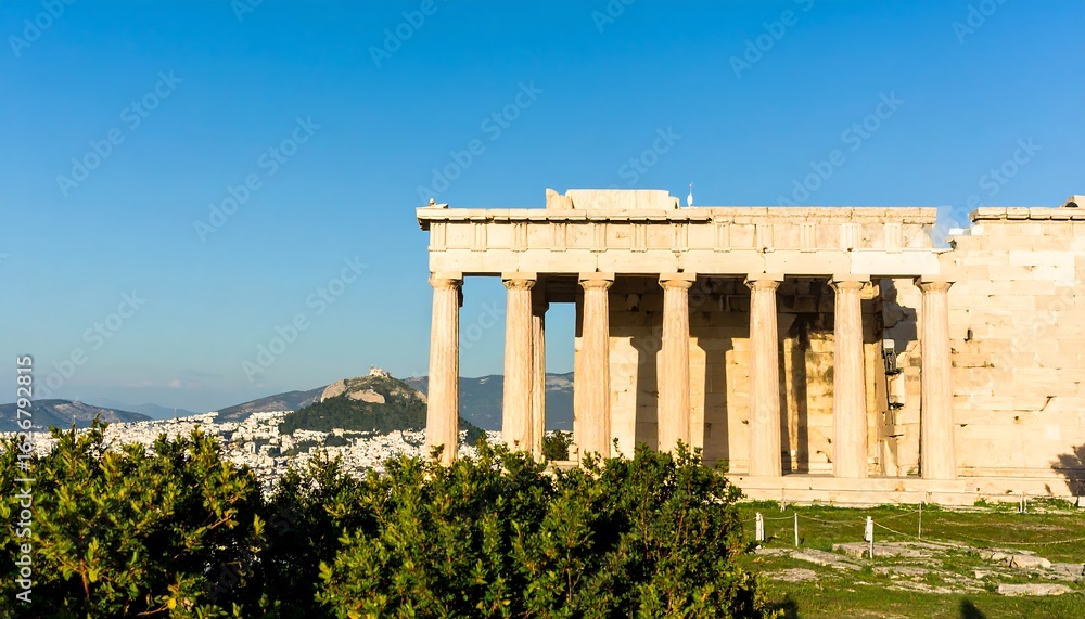 Fototapeta premium Ancient temple facade with city view