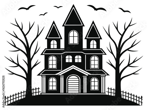 Halloween haunted house. Creative details Haunted House Icon Vector Illustration. Silhouette of a haunted house with bats isolated on a white background