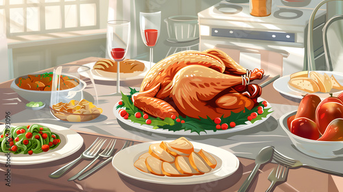 Festive holiday dinner with turkey and side dishes