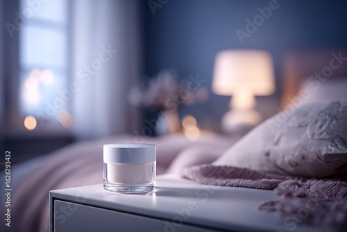 Soft lighting illuminates a minimalist bedroom featuring a skincare product on a bedside table