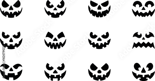 Spooky halloween pumpkin faces silhouette with carved expressions isolated on transparent background for festive design elements