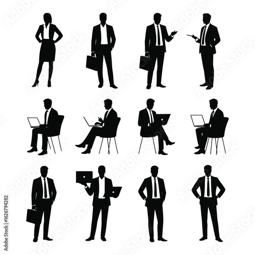 A set of 12 unique black silhouette images of business professionals