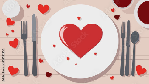 Table setting with red heart for festive dinner
