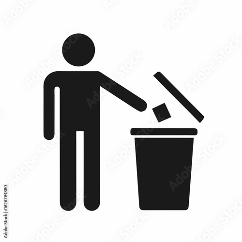 Trash bin icon with person throwing waste vector symbol.