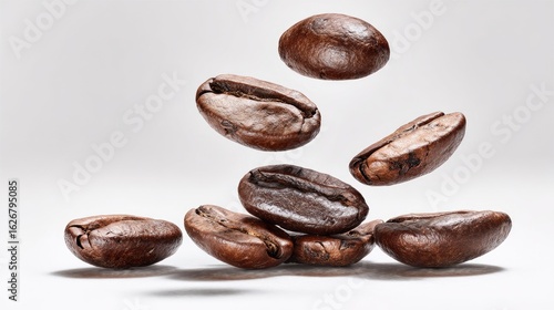 Roasted coffee beans levitate in mid-air, a stack of beans rests below them on a plain white background