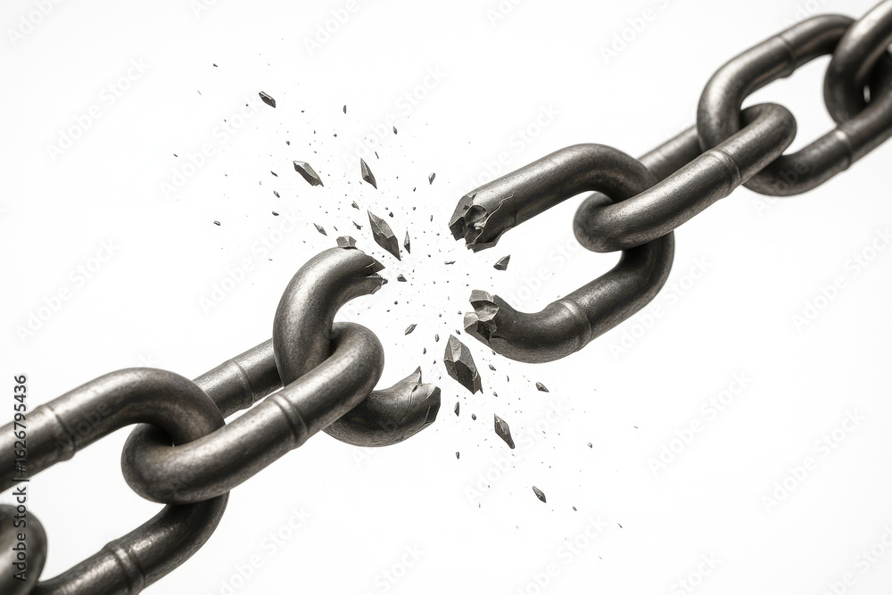 Obraz premium Metal chain breaking apart with fragments exploding on white background