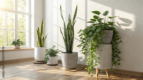 A bright and cozy indoor scene featuring three snake plants (Sansevieria) in modern pots and a trailing pothos plant basking in sunlight by a window, perfect for a peaceful, plant-filled home