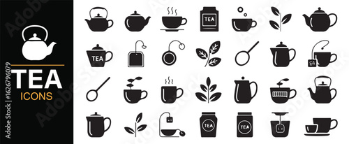Icons of tea accessories and tea plants for modern, clean designs