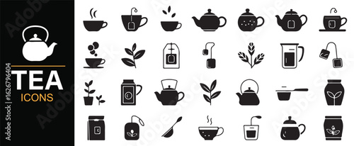 Minimalist tea icons including tea cups, leaves, teabags, and kettles