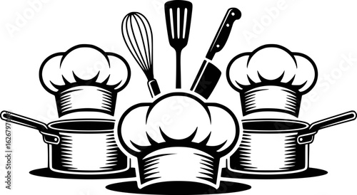 Chef hats and cooking utensils whisk spatula