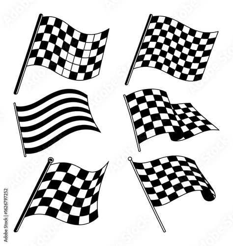Black and white racing flags waving in the wind checkered stripes
