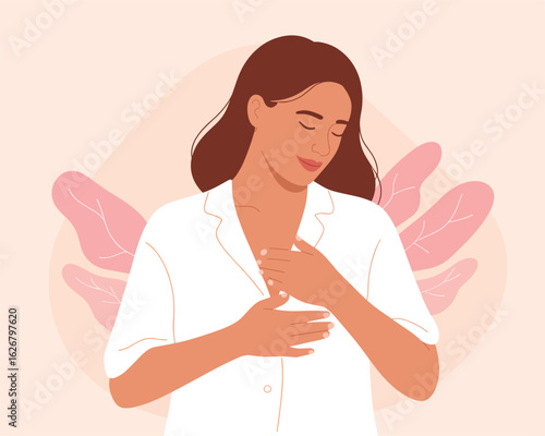 A serene woman practices self-love and gratitude with hands on her heart. Vector illustration.