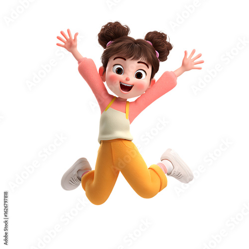 Joyful cartoon girl with buns in her hair jumping with excitement isolated on transparent background