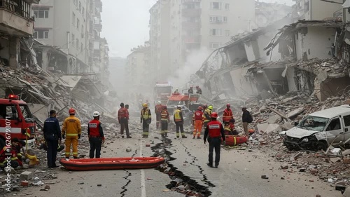 Earthquake Aftermath: Rescue Efforts in Damaged City Street.