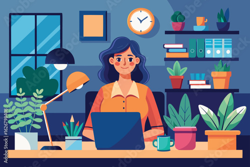Woman Working at Home Office: Nighttime Productivity Illustration