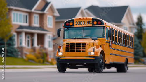 A yellow school bus stops in a suburban neighborhood as children smile and board, capturing a cheerful morning scene full of energy and community..