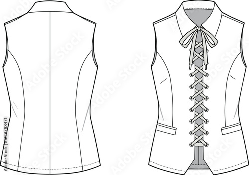 Lace-up vest blouse CAD drawing, sleeveless top fashion flat, stylish front tie design, garment vector sketch, technical illustration for designers and sewing patterns