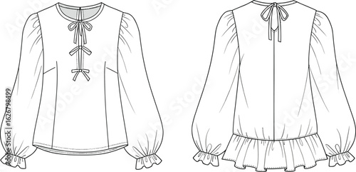 Tiered bow blouse CAD drawing, fashion flat sketch with ruffle cuffs, elegant women’s top design, technical garment vector illustration for designers and patterns