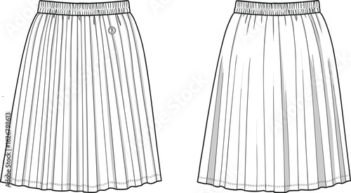 Women's pleated midi skirt CAD flat sketch with elastic waistband, front and back technical vector drawing for fashion apparel design