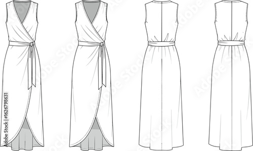 Wrap tulip hem dress fashion flat, sleeveless belted dress vector, long summer dress CAD, technical drawing illustration, sewing sketch
