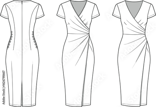 Draped wrap midi dress flat sketch, bodycon fashion CAD, technical drawing, short sleeve dress vector, elegant office wear