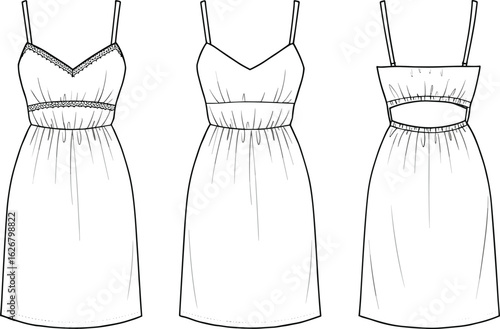 Fashionable slip dresses CAD drawing, flat sketch, trendy strappy dresses, summer essential outfit, technical fashion design, must-have editable vector illustration for designers, stylists