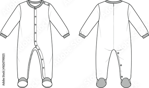 Baby footed onesie, infant sleepwear template, long sleeve romper, flat sketch, babywear technical drawing, CAD vector illustration, children fashion design, newborn clothing layout