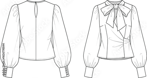Women puff sleeve blouse, bow tie front top, fashion flat sketch, technical garment vector, CAD drawing, blouse design illustration, apparel template for designers