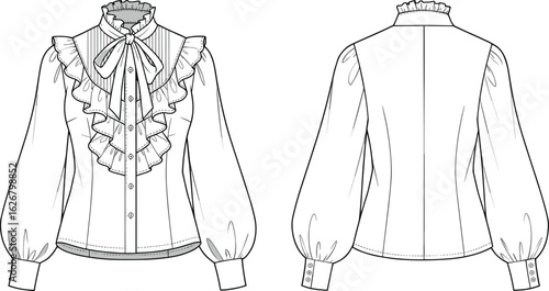 Ruffle blouse CAD drawing, flat fashion sketch with bow tie neck, elegant sleeve top design, stylish shirt vector, technical garment illustration for designers