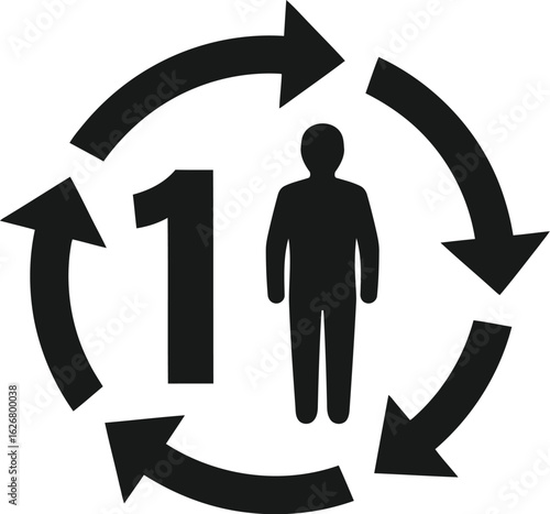 Vector art of vector illustration of a single person standing inside a circular arrow cycle representing a continuous process or workflow with one individual