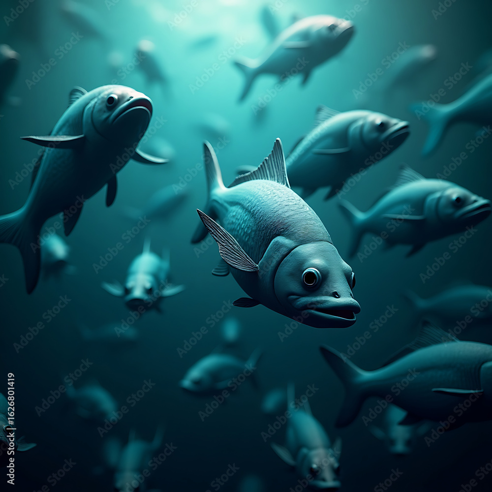 Fototapeta premium School of blue fish swimming in dark blue ocean water with light rays filtering from above graphic design
