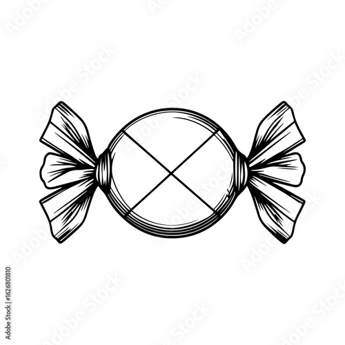 Delicious striped candy wrapped in a sweet treat.Candy doodle sign isolated on white background. Vector illustration. Sweets symbol. Wrapped caramel yummy icon linear graphic drawing. 