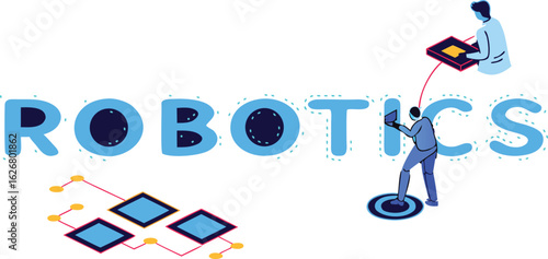 Illustration of robotics technology with engineers working on digital automation system
