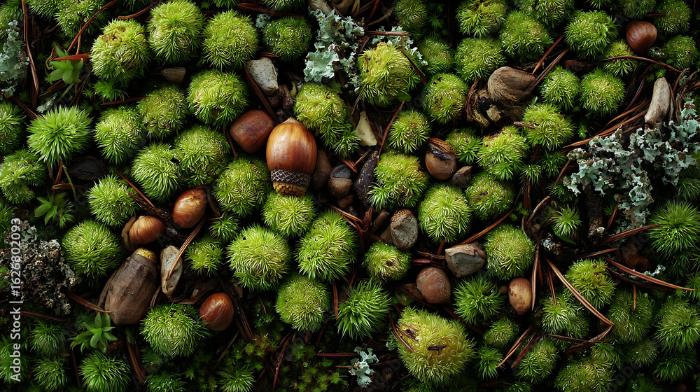 Vibrant green mossy spheres and brown acorns scattered on forest floor nuts Vibrant green mossy spheres and brown acorns scattered on forest floor nuts