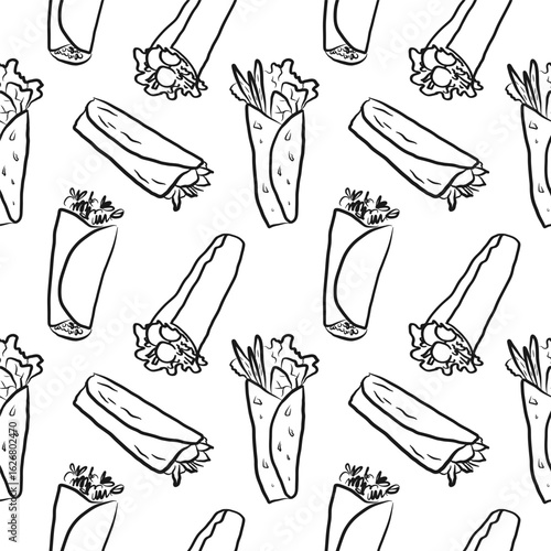 Shawarma Sandwich repeating seamless pattern. Textured background with Traditional Fast Food, wrapped in flatbread, meat, vegetables, falafel. Design for wrapping, cover, textile. Vector illustration