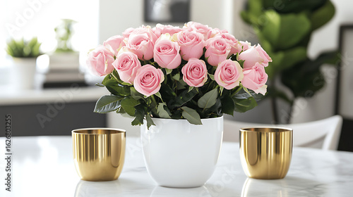 Wallpaper Mural Arrangement of pink roses in a white vase with gold cups on table Torontodigital.ca