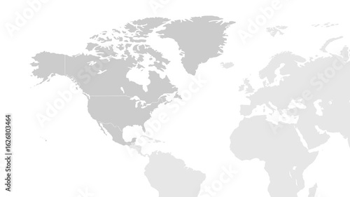 North America Map. World map animation connecting all continents into a single world map with zoom in map of North America with country borders in the background with alpha channel.