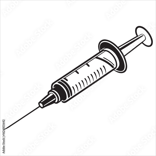 A single syringe with a hypodermic needle is a common medical object used for vaccination and healthcare, isolated on a white background
