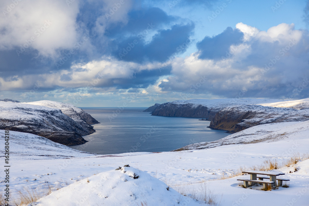 Fototapeta premium bench with ocean view and snow