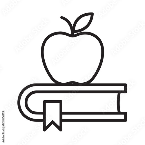“Minimalist vector icon: apple on top of a book in thin line style.”