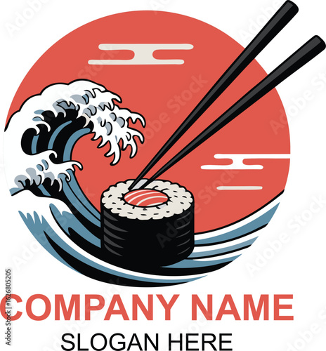 Japanese Sushi Restaurant Logo Design With Chopsticks And Ocean Wave