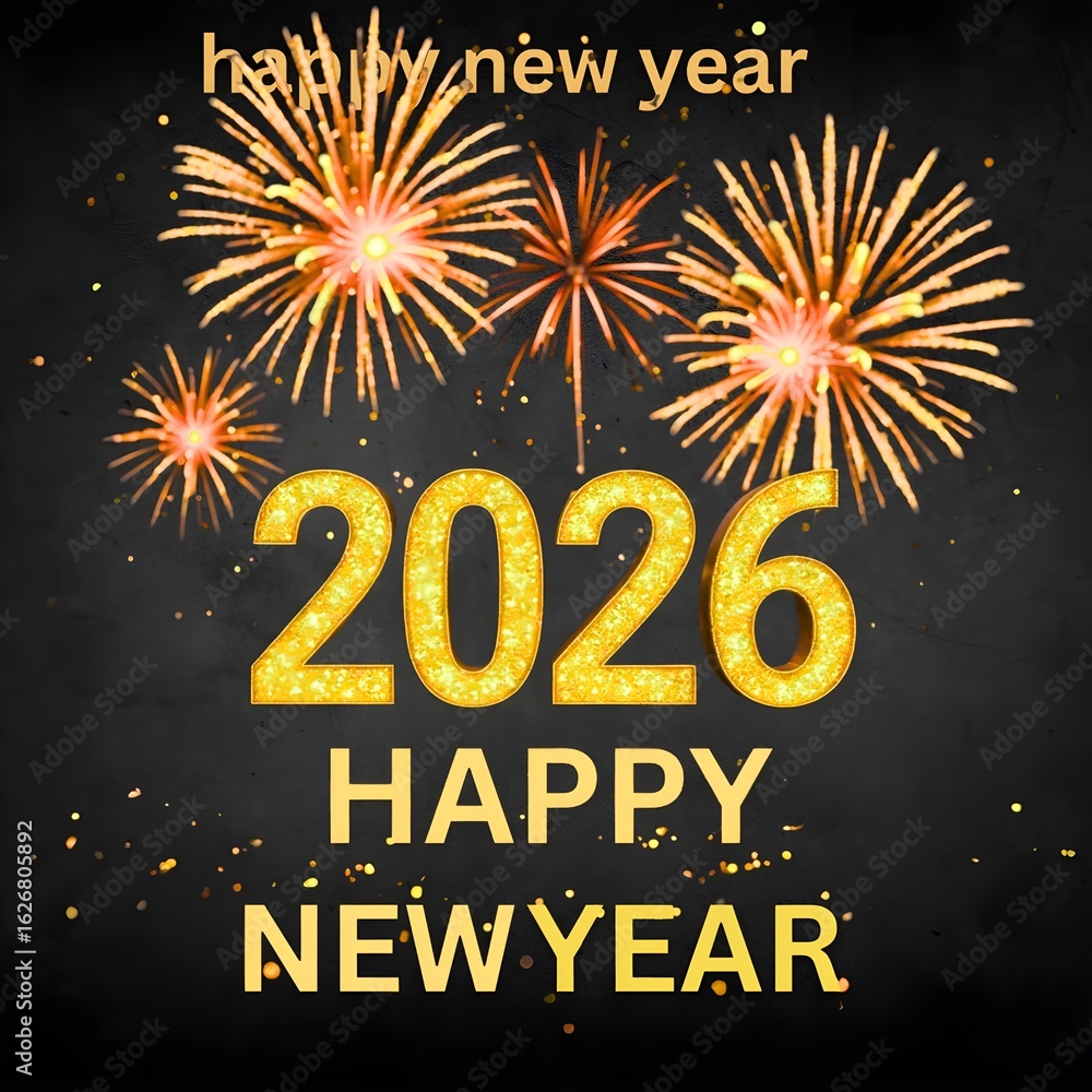 Fototapeta premium A festive 2026 happy new year celebration with golden fireworks on black background