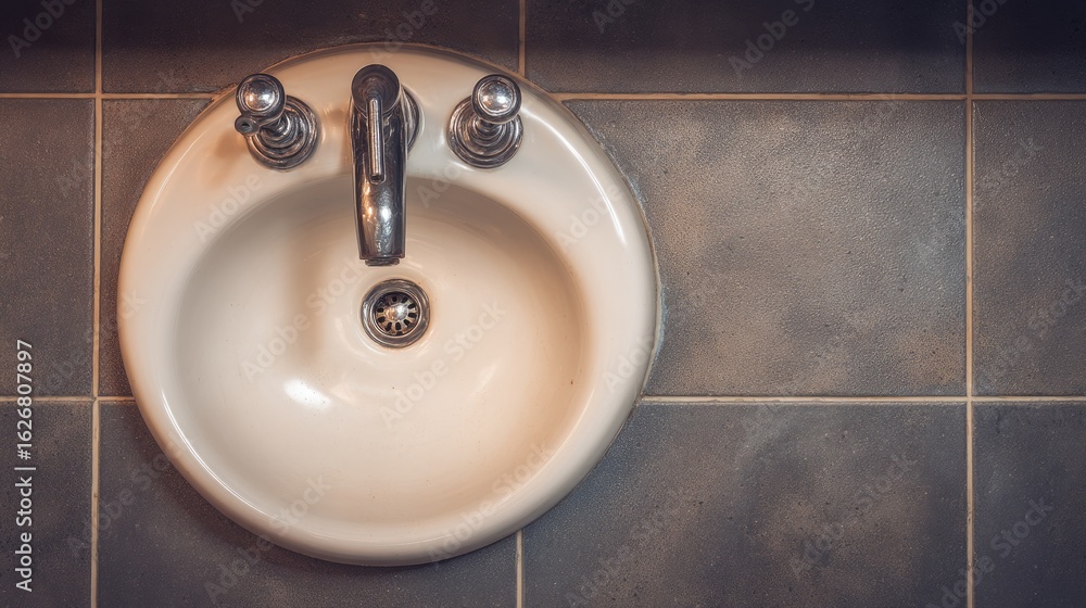 Fototapeta premium Overhead view of a round, white ceramic sink. Chrome faucet, tiled floor
