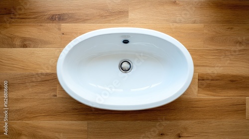 Empty oval white sink atop light brown wooden flooring