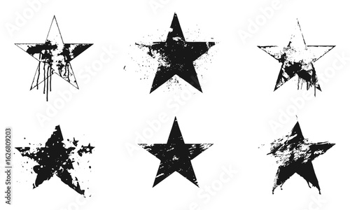 Vintage grunge star set with hand-drawn symbols, retro brush strokes, textured silhouette, abstract stamp design, rough doodle elements, old trendy style, Christmas ornament