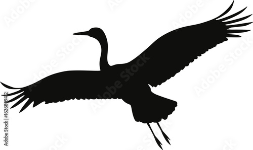 Vector art of silhouette of a crane in flight showcasing its elegant wings and graceful movement against a plain backdrop