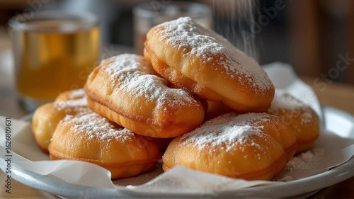 Freshly fried beignets being dusted with powdered sugar