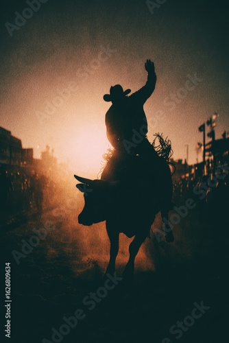 Dramatic Low-Angle Shot, Nostalgic, Dark Tones, Rodeo Event, Action, Dusk, Western Theme
